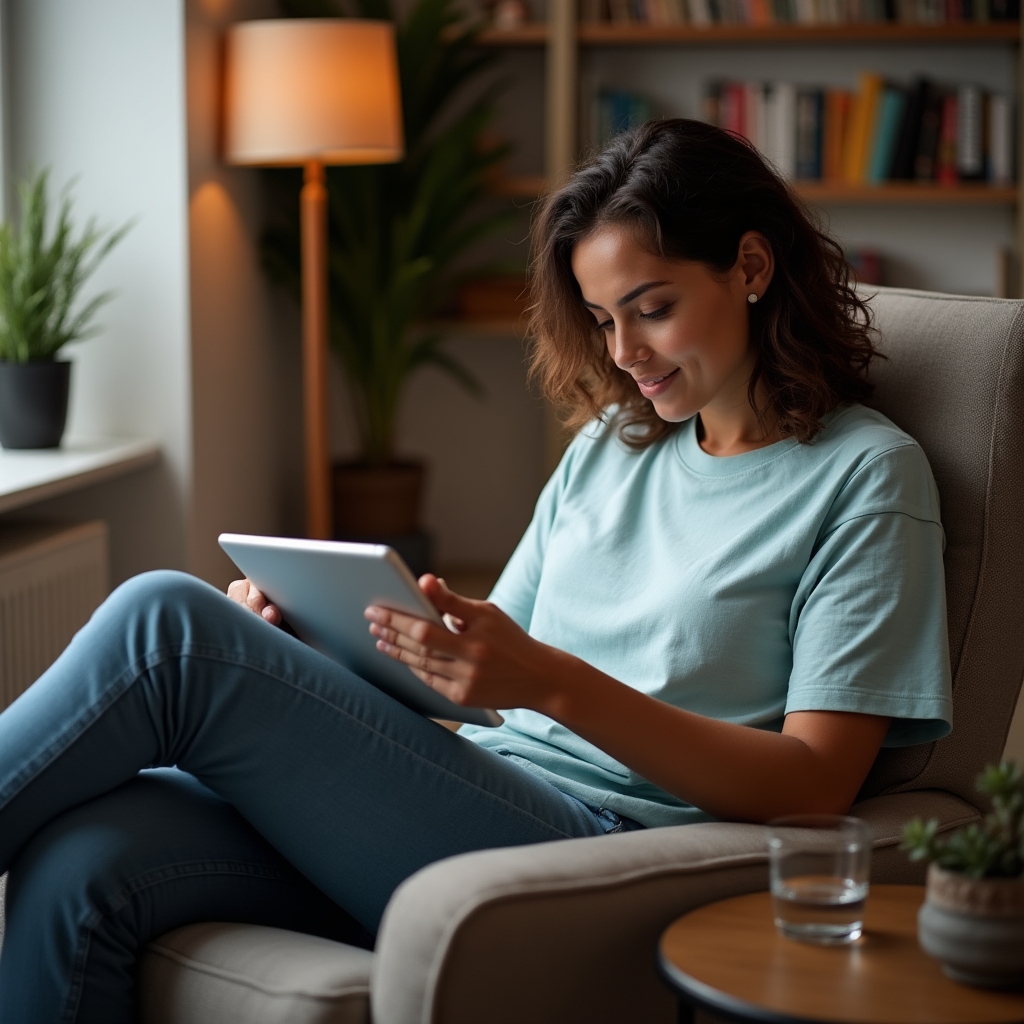 Persona che accede alla piattaforma educativa da tablet in ambiente domestico confortevole